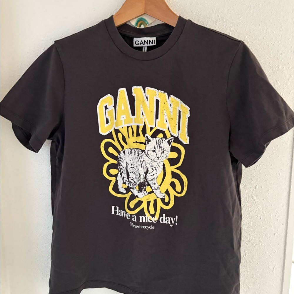 Ganni Charcoal Tee with Yellow kitty Graphic